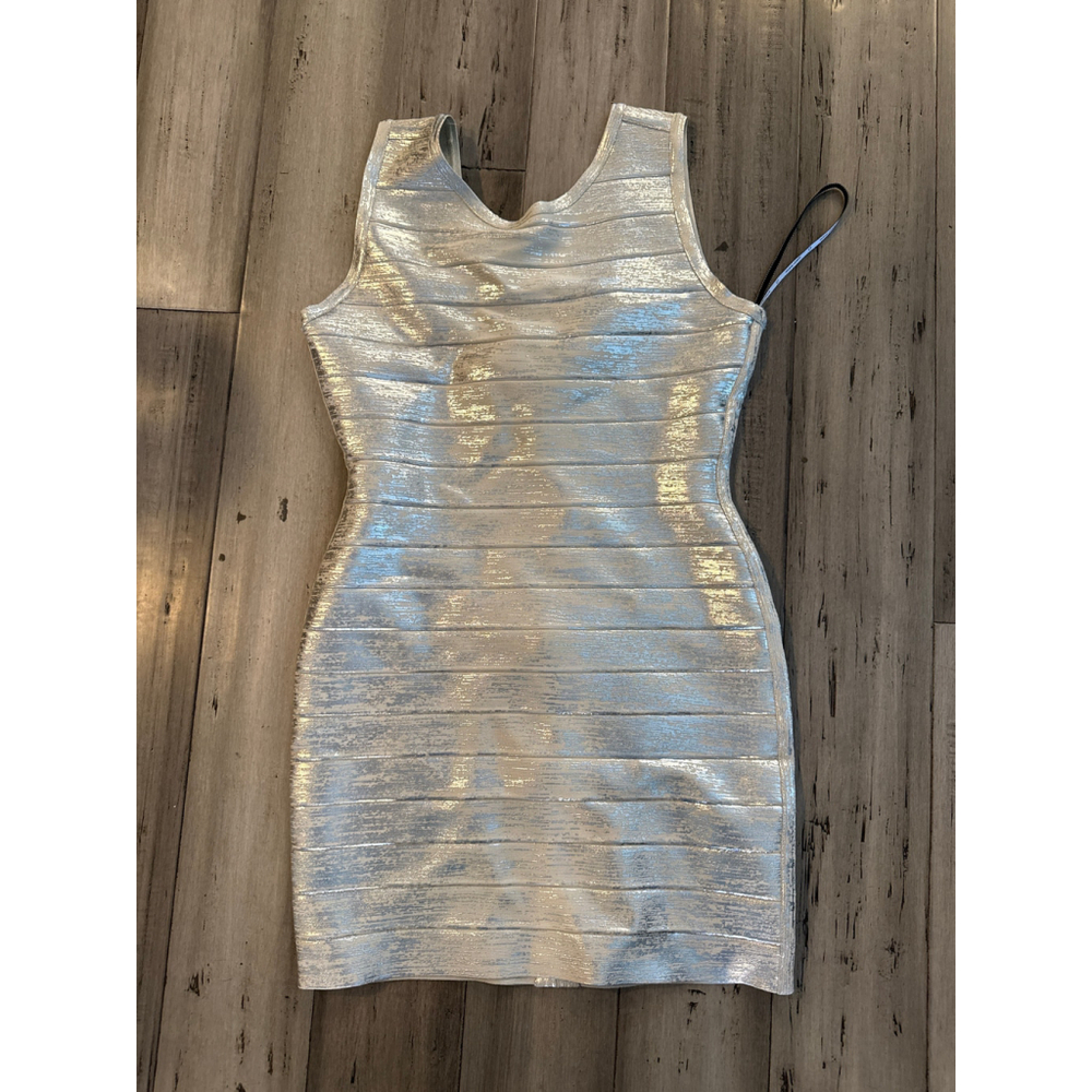 Women's HERVE LEGER PARIS Silver Foil Bandage Mini Dress L